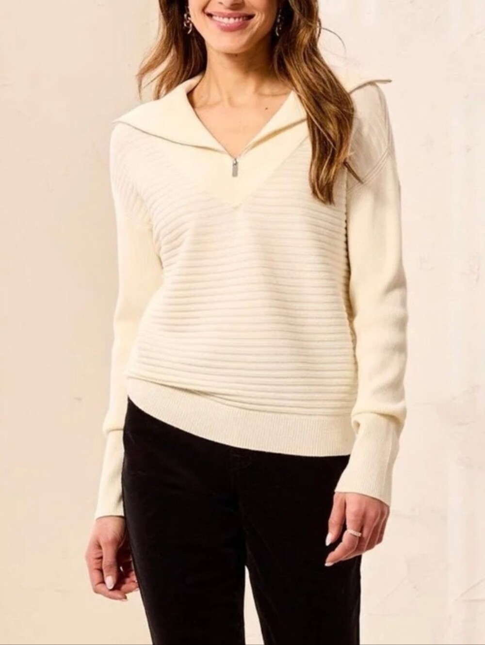 Tribal Women's Ribbed Half Zip V-Neck Sweater Size XS NWT Preppy Vanilla Girl